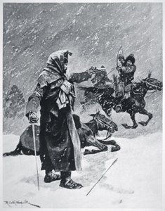 Os arqueiros cossacos túrquicos-Bashkir perseguiram e perseguiram a retirada do Exército de Napoleão da Rússia em 1812 (cor litho)