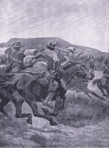 Yeomanry atacando De Wets, retaguarda e transporte, de After Pretoria: The Guerilla War publicado por Harmsworth Bros Limited, 1901 de Richard Caton Woodville