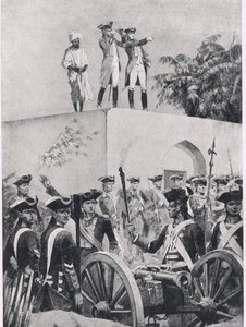 Batalha de Plessey, 23 de junho de 1757: Clive no telhado do pavilhão de caça Nawab Surat-ud-Daulas, ilustração das Batalhas Britânicas na Terra e no Mar, 1915