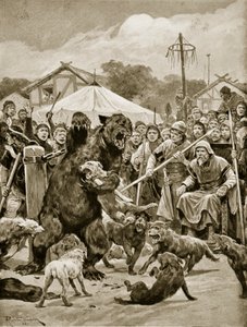 Urso Baiting no Saxon Times, ilustração de "Hutchinson da história da nação britânica", c.1920 de Richard Caton Woodville junior