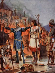FitzStephen queima seus barcos, 1169, ilustração da "História da nação britânica" de Hutchinson, c.1923 de Richard Caton Woodville junior