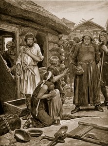 Sujeitos sobrecarregados ejetados de suas casas, ilustração da "Hutchinson&39;s Story ofthe British Nation", c.1923