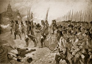 A Batalha de Blenheim: Atacando a aldeia, ilustração da "História da Nação Britânica" de Hutchinson, c.1923