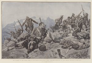 O ataque do Dargai Ridge pelos Gordon Highlanders, Piper Findlater continua a jogar embora ferido em ambas as pernas
