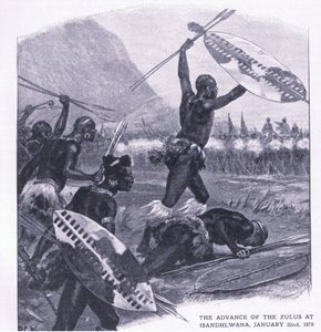 O avanço dos zulus em Isandhlwana 22 de janeiro de 1879, ilustração das batalhas britânicas em terra e mar, 1915