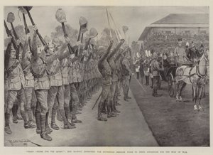 Três elogios para a rainha !, Sua Majestade inspecionando a brigada doméstica antes de sua partida para o assento da guerra de Richard Caton Woodville junior