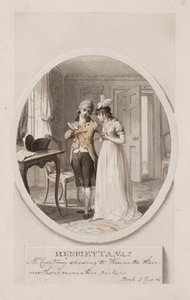 O Sr. Courtney mostrando a Henrietta o retrato em miniatura de sua mãe, Livro 5, Capítulo 4, ilustração de uma edição de 1798 de "Henrietta", de Charlotte Lennox, c.1798 (lápis e wc no papel)