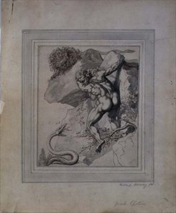 Um homem preso entre um leão e uma serpente, c.1790 (caneta e tinta marrom, lavagem cinza sobre papel) de Richard Cosway