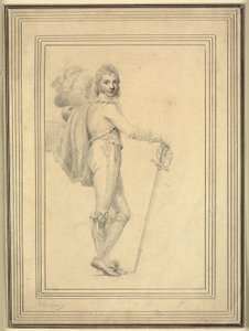 Retrato de corpo inteiro de um cavalheiro com espada em uma mão e um chapéu emplumado na outra de Richard Cosway
