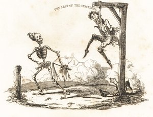 Vinheta de um esqueleto e de um homem pendurado num gibbet,1827 (gravura)