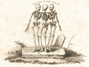 Vinheta de três esqueletos em uma lápide.,1827 (gravura)