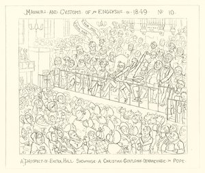 1849, Uma perspectiva de Exeter Hall mostrando um cavalheiro cristão denunciando o papa de Richard Doyle