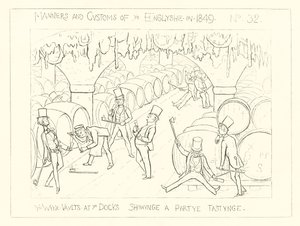 1849, as abóbadas de vinho nas docas, mostrando uma festa de degustação de Richard Doyle