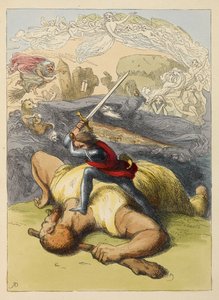 Jack em pé no corpo de um gigante, com a sua espada erguida. Ilustração a cores num livro infantil. de Richard Doyle