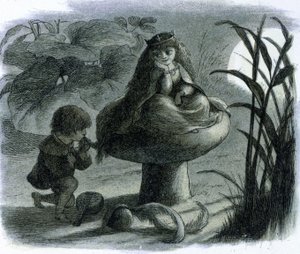 Uma fada da água sentada em um cogumelo é cortejada por um amante. Em ""Mundo das Fadas"" por Richard Doyle de Richard Doyle
