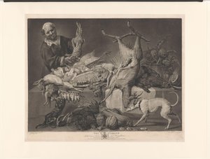 Koopman mostra caça, alcachofras, abóboras e uma lagosta A despensa (título no objeto) de Richard Earlom