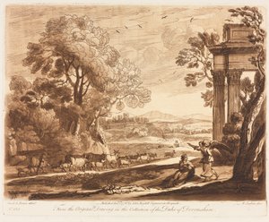 Liber Veritatis: No. 133, A Landscape, with Cattle, and the Angel Comforting Hagar, 1776. de Richard Earlom