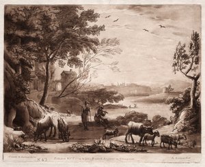 Liber Veritatis: No. 42, Paisagem do rio com pastor e pastora ..., 1774. de Richard Earlom
