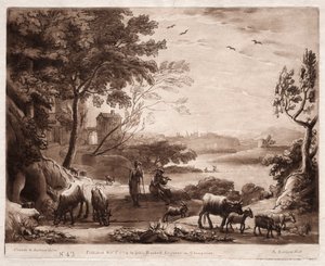Liber Veritatis: No. 42, Uma paisagem fluvial com um pastor e uma pastora e um rebanho de gado de Richard Earlom