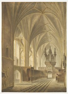 O Coro da Catedral de Bristol, Looking West (aquatint colorido à mão) de Richard G. Reeve