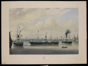 Para a Humber Union Steam Packet Company esta gravura do navio a vapor Wilberforce em três posições com vista para o porto e a cidade de Hull... de Richard G. Reeve