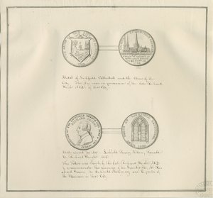 Lichfield - Medalhas da Catedral de Lichfield e das Armas da Cidade, e um retrato de Richard Greene: desenho a caneta, sd [início do século 19] (desenho)