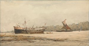 Um Barco e Barcaça Ancorados num Rio