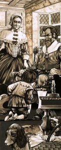 Um rapaz do século XVII ajoelha-se diante do seu pai em penitência (guache sobre papel) de Richard Hook