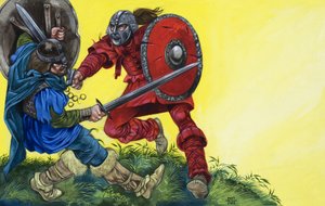 O Cavaleiro Vermelho derruba Balin com um golpe poderoso de Richard Hook