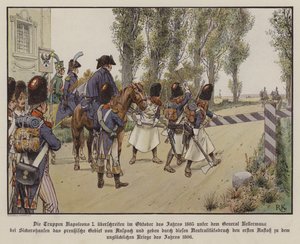 Tropas francesas sob o comando do General Kellermann atravessam a fronteira para o território prussiano em Sickershausen, Outubro de 1805 (cor litho)