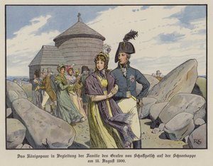 O Rei Frederick William III e a Rainha Luísa da Prússia na companhia da família do Conde von Schaffgotsch no Schneekoppe, Agosto de 1800 (cor litho)