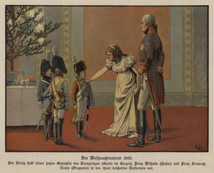 O Rei Frederick William III e a Rainha Louise da Prússia com o Príncipe Herdeiro Frederick William, o Príncipe William e o Príncipe Frederick Louis vestidos com uniformes militares, véspera de Natal