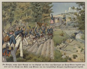 Soldados prussianos saúdam a rainha Luísa da Prússia enquanto ela os passa na estrada de Kosen para Weimar (cor litho)