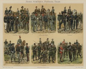 Riflemen, pioneiros e tropas de abastecimento dos exércitos europeus (cor litho) de Richard Knotel