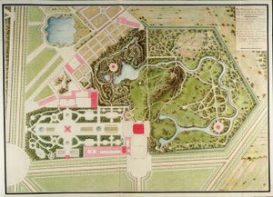 Planta dos jardins franceses e campestres de Petit-Trianon com as massas do edifício, da Coleção de plantas do Petit Trianon por Richard Mique