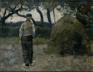 Um Agricultor de pé perto de um palheiro de feno de Richard Nicolaüs Roland Holst