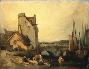 Vista da Bretanha: ponte, casas de campo e lavadeira (óleo sobre painel) de Richard Parkes (attr. to) Bonington