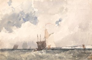 Embarcações em um mar agitado (aquarela com riscos no papel) de Richard Parkes Bonington