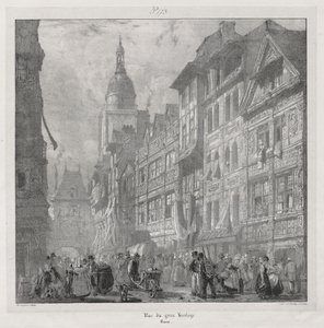 Viagens cênicas e românticas na França antiga, Normandia: Rue du Gros Horloge, Rouen de Richard Parkes Bonington