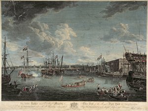 Vista do Royal Dock Yard em Deptford, gravado por William Woollett, publicado em 1º de julho de 1793 (gravura colorida)