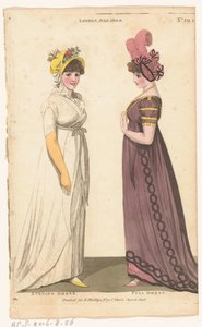 Revista Female Fashions of Female Fashions of London and Paris, No. 29.1: Londres, Julho. 1800: Vestido de noite; Vestido completo