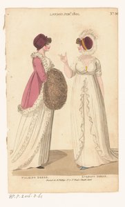 Revista Female Fashions of London and Paris. No. 36. Londres Fev., 1801: Vestido de Caminhada; Vestido de Noite