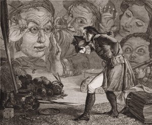 As viagens do Jonathan Swift Gulliver. Gulliver exibiu em uma mesa para a admiração dos habitantes de Brobdingnag. Gravura em Redgrave.