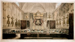 Vista da Câmara dos Lordes, Câmara Alta do Parlamento da Grã-Bretanha. Gravura de Rothwell. Galeria Parker do século XIX, Londres