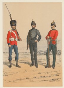 Três soldados britânicos
Nove representações de fardas militares britânicas (título da série) de Richard Simkin