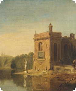 Um lago com um Pavilhão e uma Estátua, Itália (óleo sobre tela) de Richard Wilson