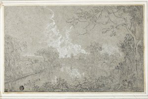 Margens do rio Dee perto de Eaton Hall, Cheshire, c.1759 (giz preto e branco em papel azul, colocado no cartão) de Richard Wilson