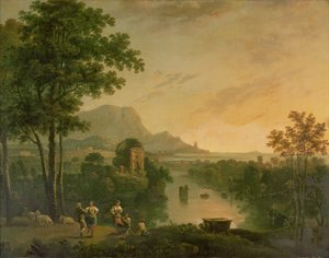Paisagem costeira à noite com pastores e pastoras a dançar de Richard Wilson