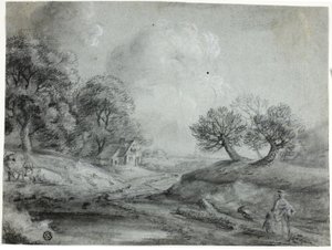 Paisagem com Mulher e Vacas (giz negro com cepa, elevado com giz branco, sobre papel de colagem azul) de Richard Wilson