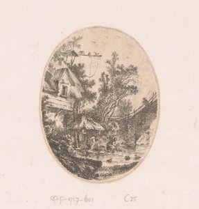 Vista de um rio onde as mulheres lavam a roupa Coleção de vistas, paisagens, fragmentos antigos e temas históricos (título da série) Recueil de griffonis, de vues, paysages, fragments antiques et sujets historiques (título da série) de Richard de Saint Non